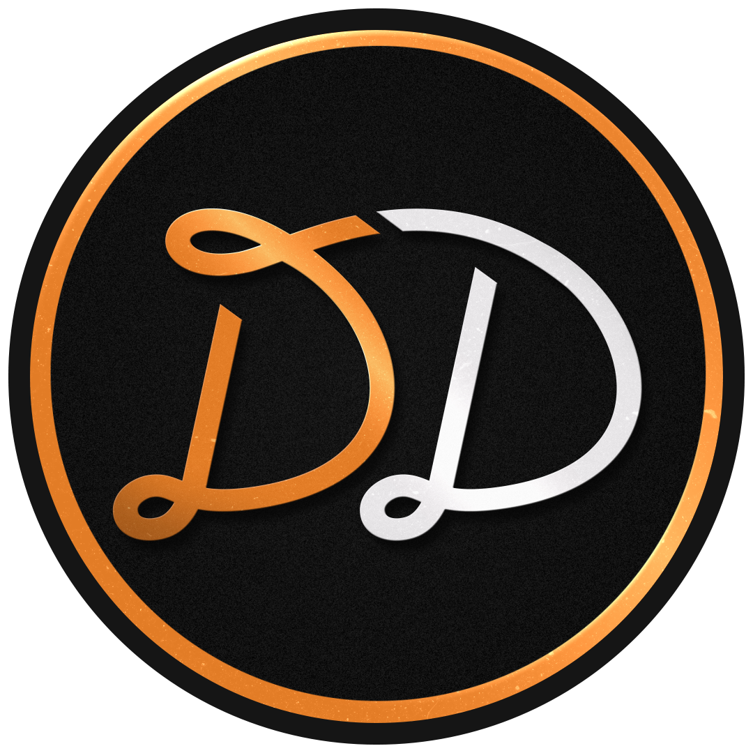 Logo for Dominant Discourse: two stylized cursive Ds, one orange and one white, overlapping at the center of a black circle framed by an orange ring.