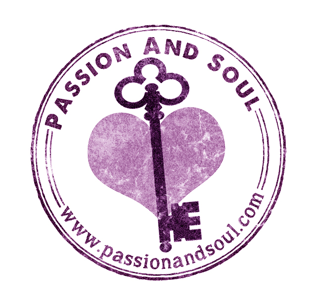 White background with purple circle centering the words: “PASSION AND SOUL” at the top and “www.passionandsoul.com” at the bottom. Centered in the circle, also in purple is a transparent heart and a Key.