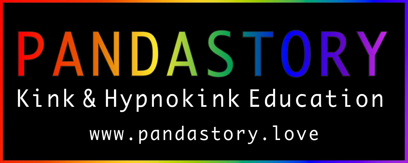 The logo of Pandastory - Kink & Hypnokink Education,  including their website https://www.pandastory.love.  The logo features the word Pandastory in bold text, rainbow colored, the rest of the text is white on a black background, there is a rainbow border.
