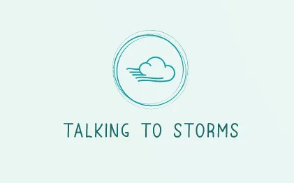 Talking to Storms logo. Light blue background with teal writing. Text reads 'Talking to Storms'. Icon is a cloud with wind lines in a circle.