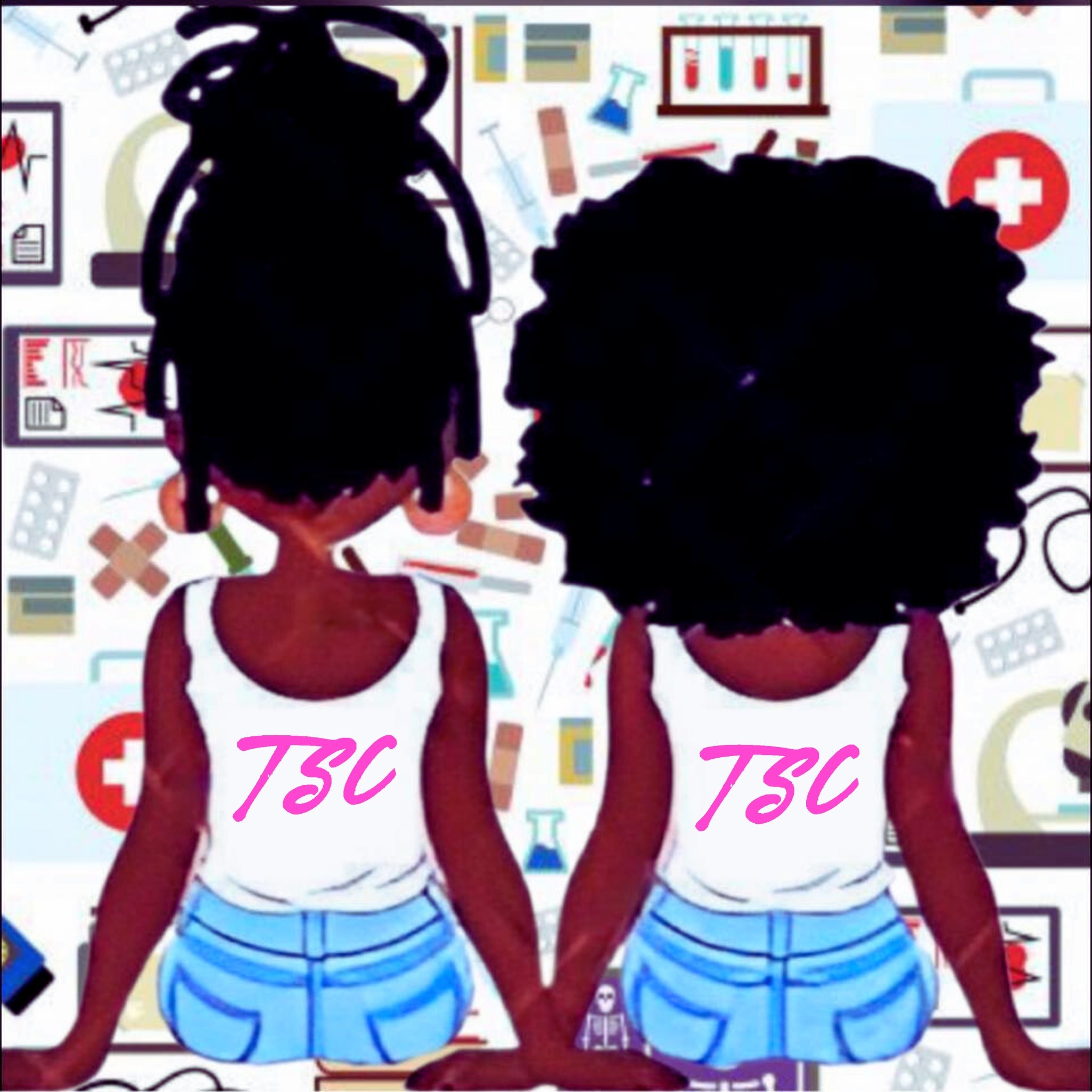 Drawn image of two Black women sitting side by side both wearing blue jeans and a white tank top with pink lettering reading “TSC”