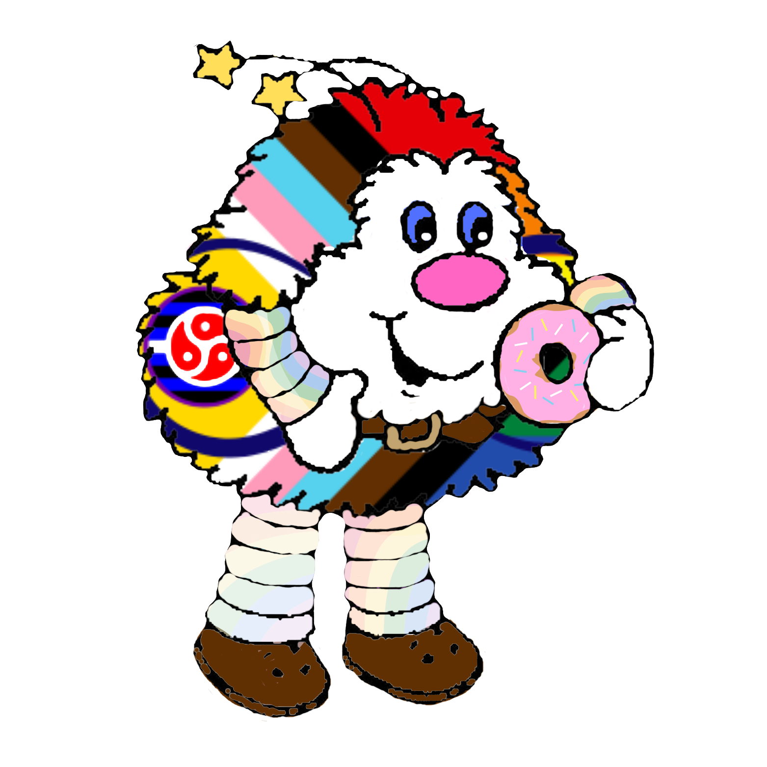 Wally, a fluffy sprite type creature with pink nose and blue eyes. Their fur is coloured with the Progress Pride flag with the BDSM triskelion in the yellow arrow, and a blue infinity symbol around it and across the rest of the flag. Wally is eating a doughnut with pink icing and sprinkles.